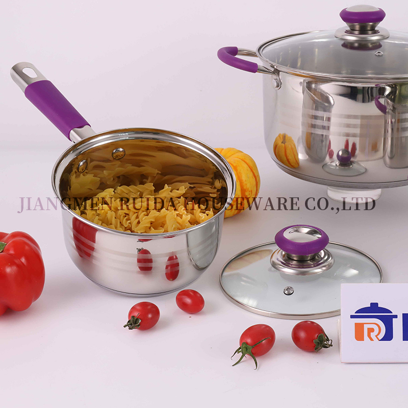 Kitchen Induction 8PCS Stainless Steel Cookware Kitchenware Set with Purple Silicone Handle