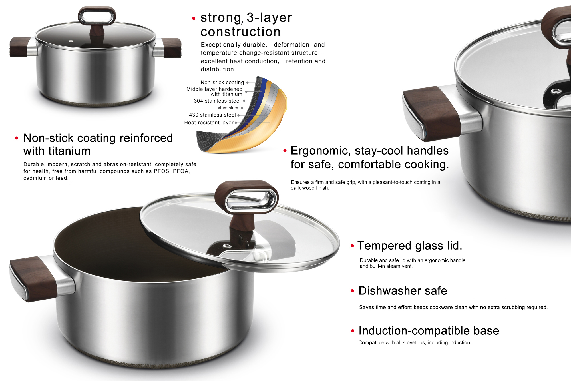 Factory Direct Stainless Steel Cookware Set With Bakelite Handle Induction Compatible Pots &amp; Pans Set PFOA Free Cooking Kitchen