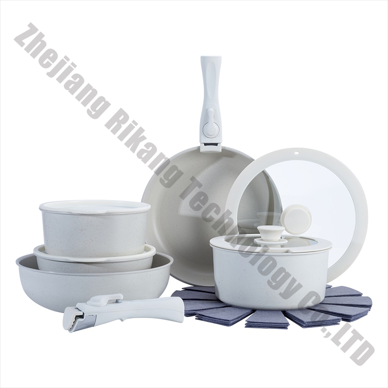 15PCS Ceramic Nonstick Cookware Set with Detachable Handle Orange Space-Saving Pan