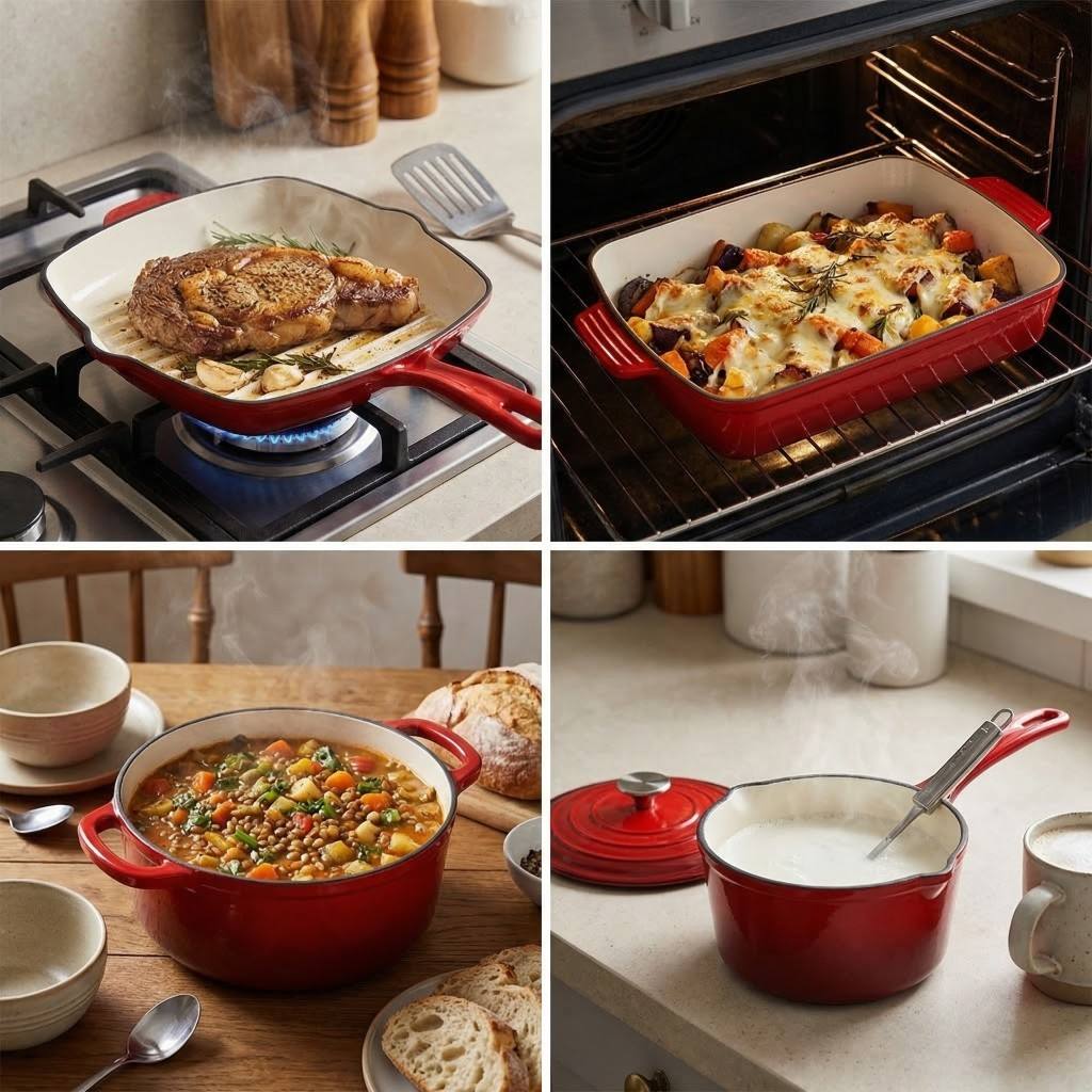 7Pcs Enamel Cast Iron Cookware Set Non Stick Eco Friendly Dutch Oven Saucepan Combo Premium Home Kitchen Cooking Pots Set
