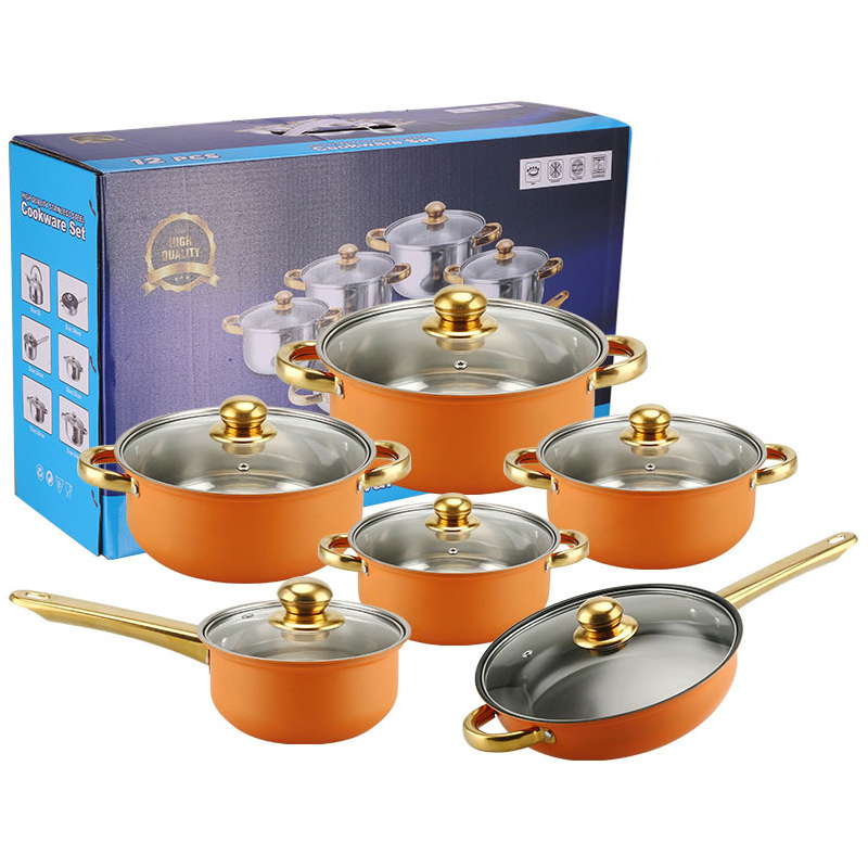 Custom Color Stainless Steel Soup Pot Small Saucepan Milk Pan Cooking Pot Skillet 12PCS Cook Ware Set with Handle