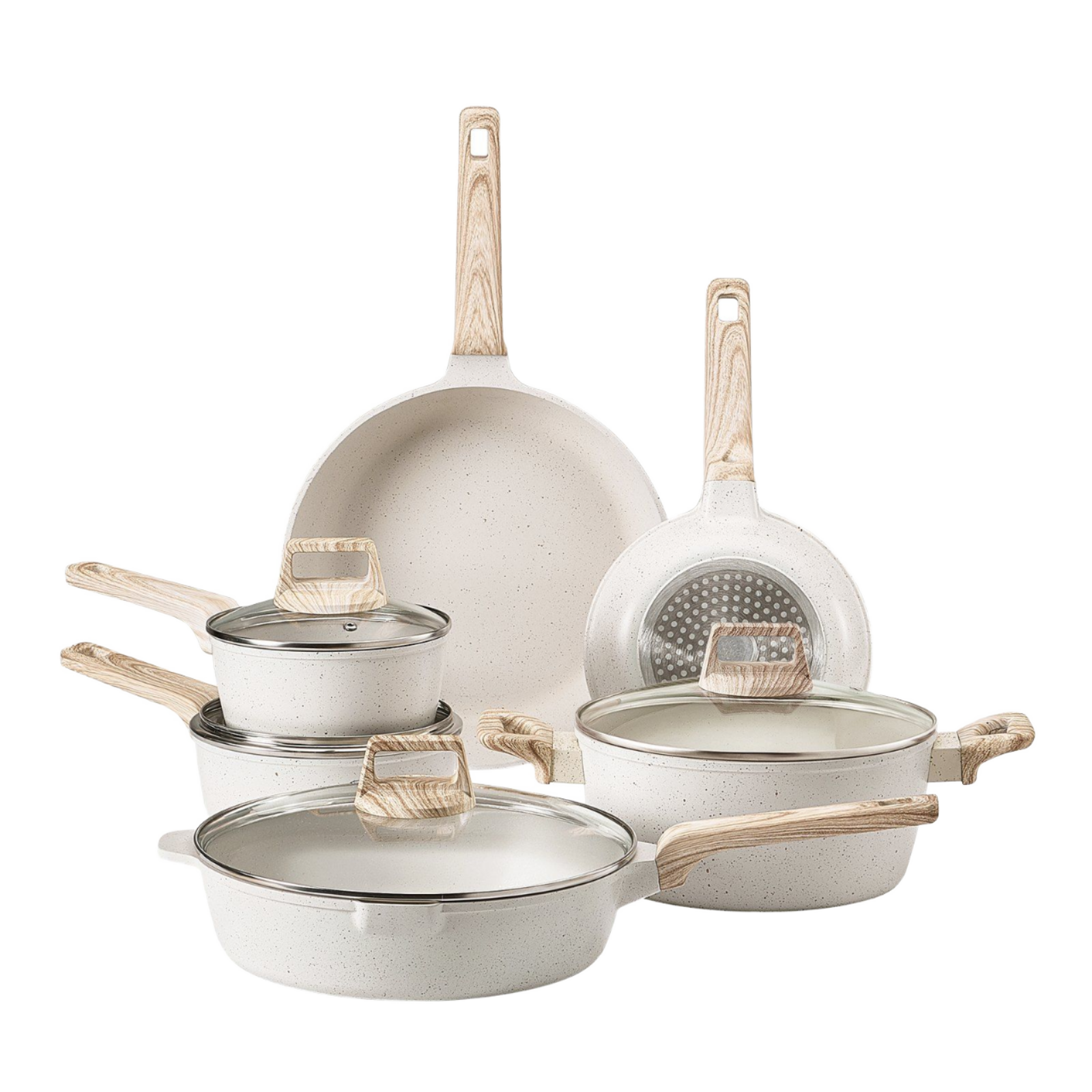 Modern White Granite Nonstick Induction Cookware Set 17 Piece Aluminum with Glass Cover Wood Handle Ceramic Coating Oven Safe