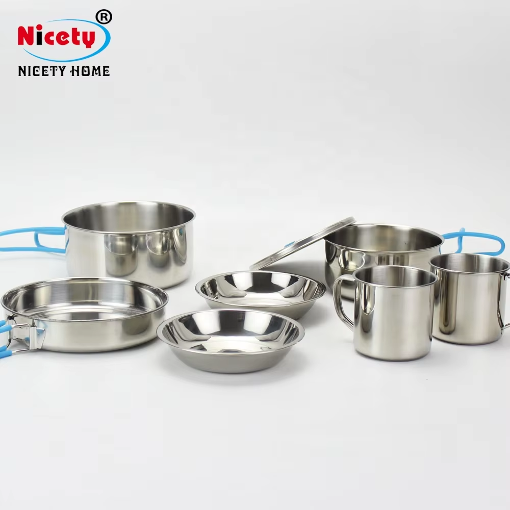 Camping Cookware Set Sus304 Cooking Pots Stainless Steel Stackable Outdoor Accept Customized Logo 9 Pcs Body and Handle Silicone