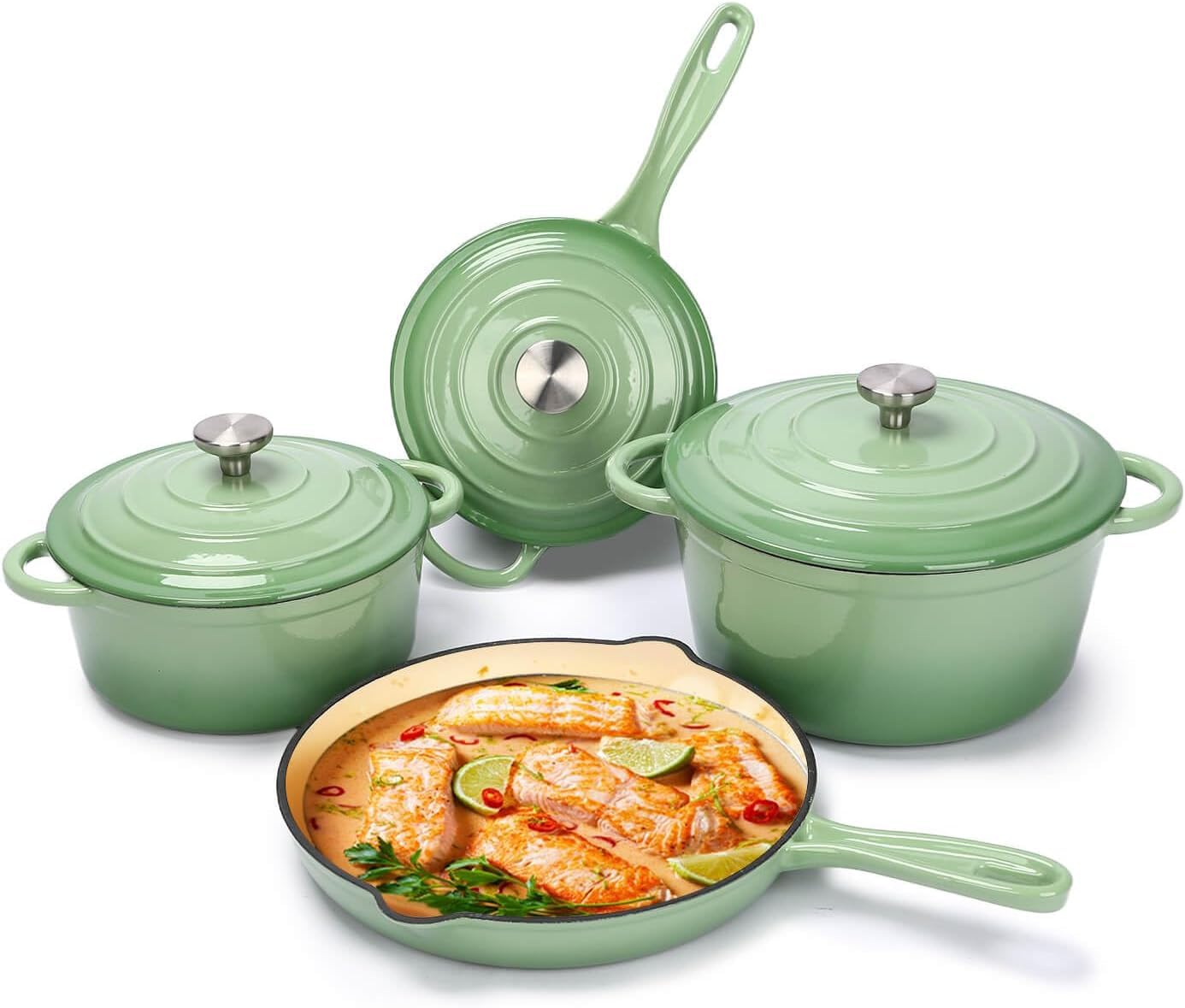 Modern Enameled Cast Iron 7-Piece Cookware Set With Dutch Oven Skillet 3 Lids-Non-Stick Ceramic Coated Durable