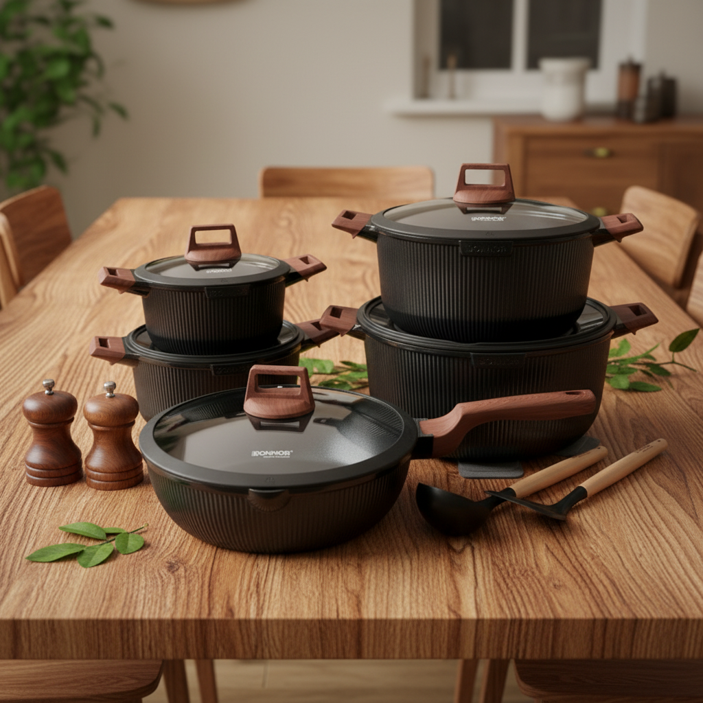 Professional Black Fluted Die Cast Aluminum Cookware Set 15pcs Induction Ready Non-Stick Ceramic Ribbed Pots And Pans For Chef