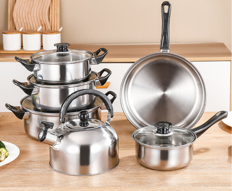 New Multi-Function 12-Piece Eco-Friendly Non-Stick Stainless Steel Cookware Set Glass Cover Includes Kettle Soup Pot Pans Pots