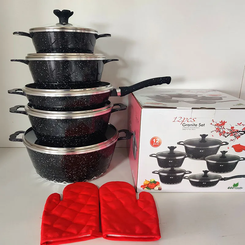 12PCS Die Cast Granite Coated Nonstick Cooking Pot Aluminum Pan Granite Coated Cookware Sets