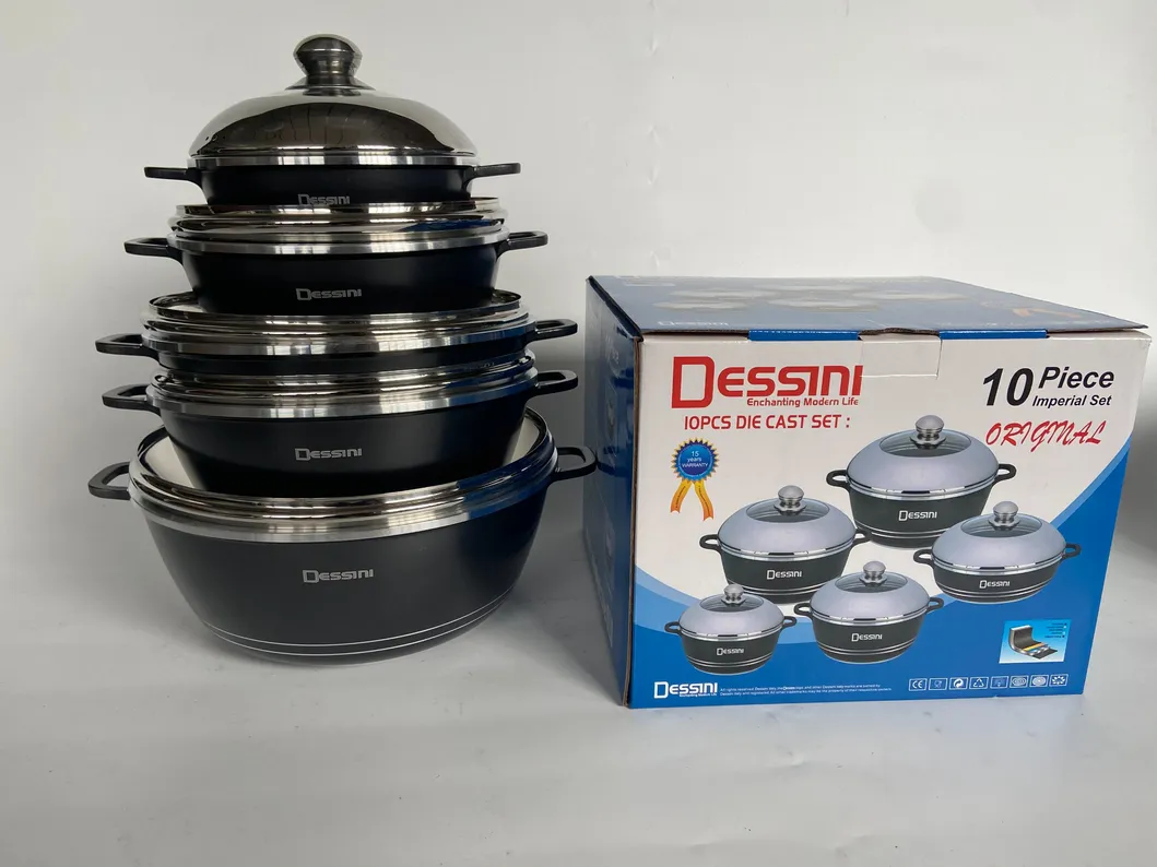 Hot Selling Die Cast Aluminum Non Stick Dessini 10 PCS Cookware Sets with 2 in 1 S/S Covers