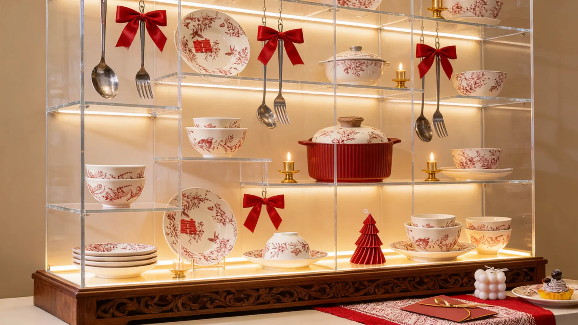 Wedding Ceramic Plate Set in Red, Including 10-Inch Flat Soup Bowl and Casserole Dish, with Soup Spoon - Complete Red Ceramic Set