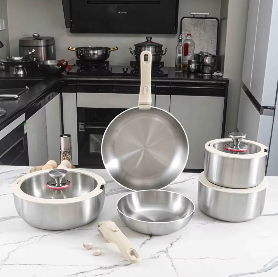 304 Stainless Steel Classic Electromagnetic Gas Full Set Cookware Non-Stick Household Kitchenware Detachable Handle Frying Pan