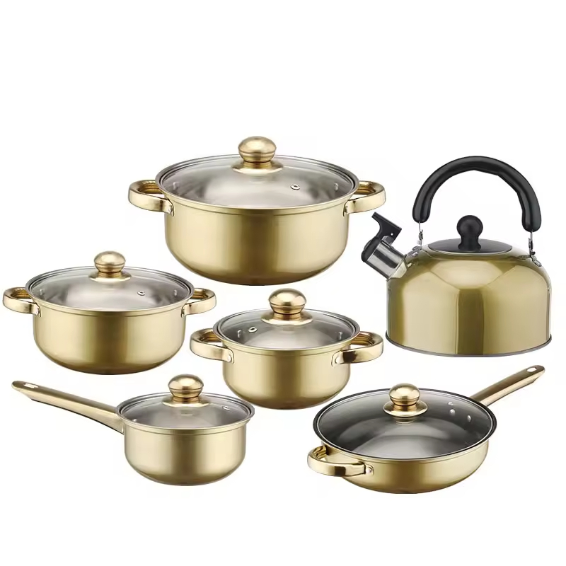 12 PCS Stainless Steel Cooking Pans Set Fast Shipment Non-Stick Kitchen Cookware Soup Stock Pots and Frying Pan