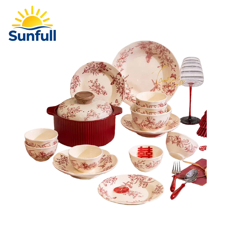 Wedding Ceramic Plate Set in Red, Including 10-Inch Flat Soup Bowl and Casserole Dish, with Soup Spoon - Complete Red Ceramic Set