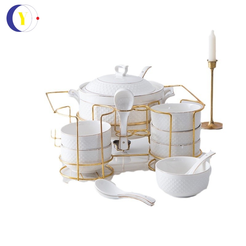 White Ceramic Stockpot Set with Lid Phnom Penh Design Heated Gold Rack Embossed Elegant Dinnerware