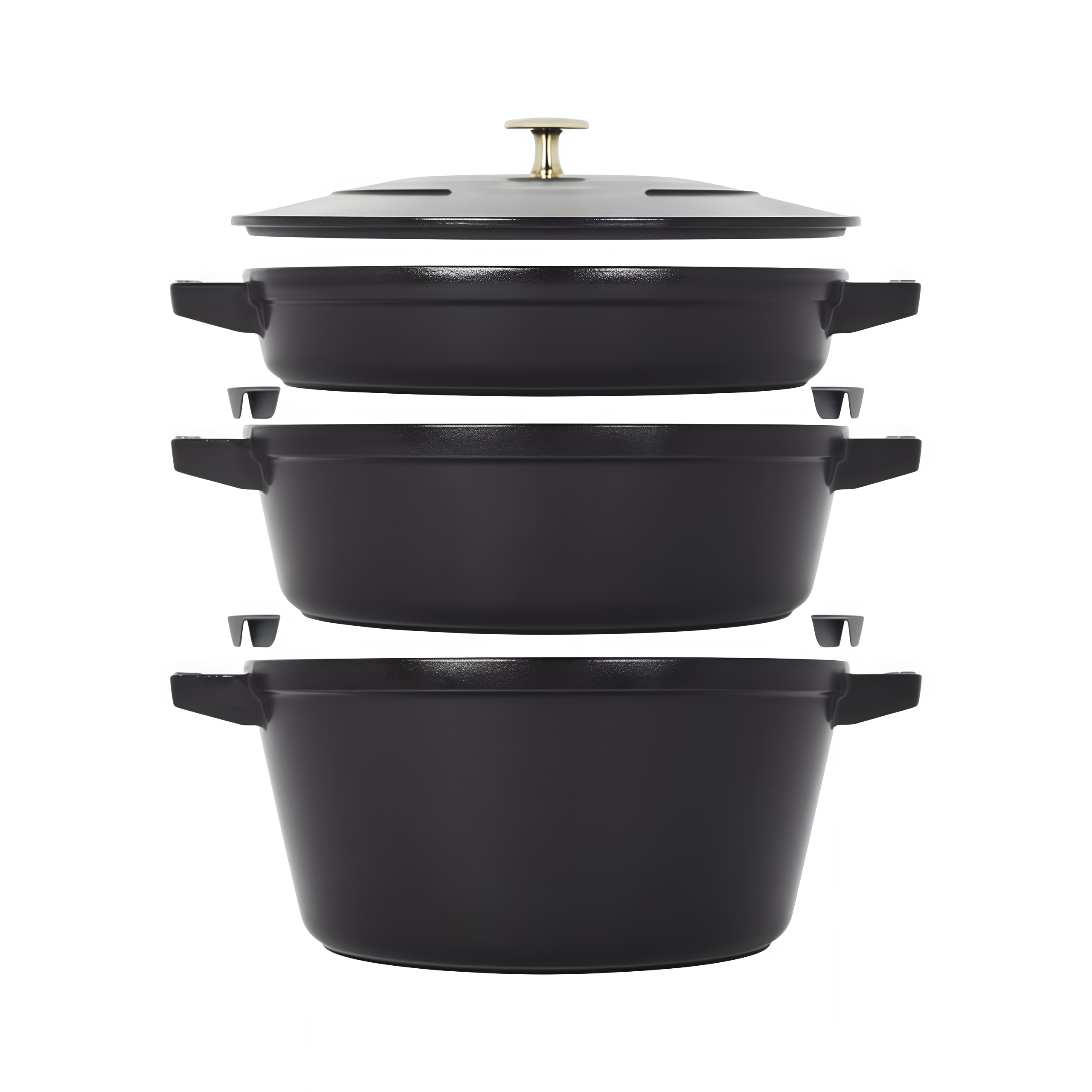 Enameled Cast Iron Set 3-pc Stackable Space-Saving Cookware Set Casserole Skillet Grill Pan with Universal Lid