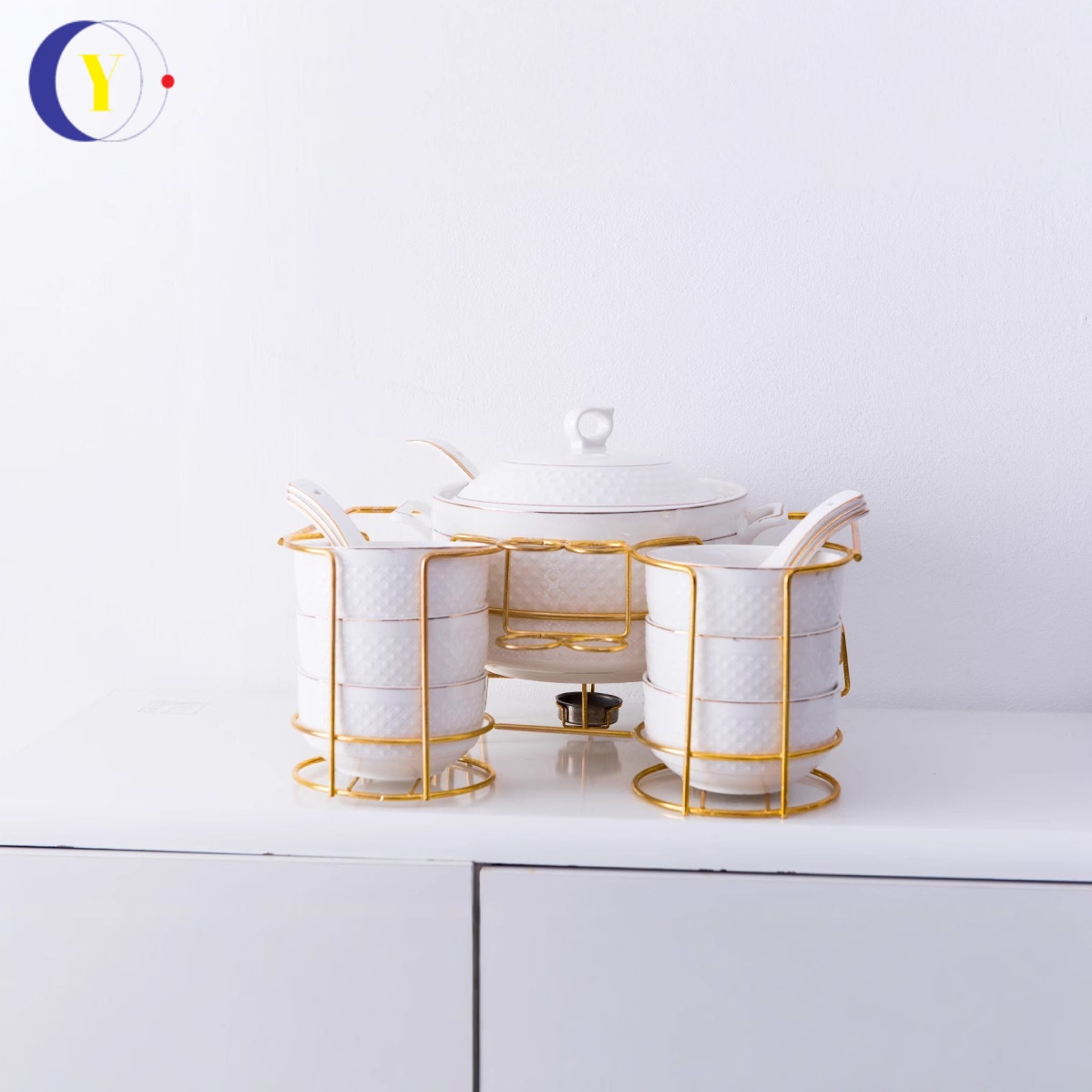 White Ceramic Stockpot Set with Lid Phnom Penh Design Heated Gold Rack Embossed Elegant Dinnerware