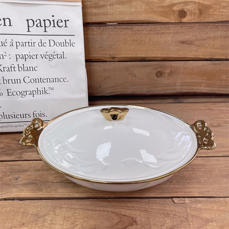 Good Quality Gold Rim Double Ears Stock Ceramic Soup Pot Dinner Set