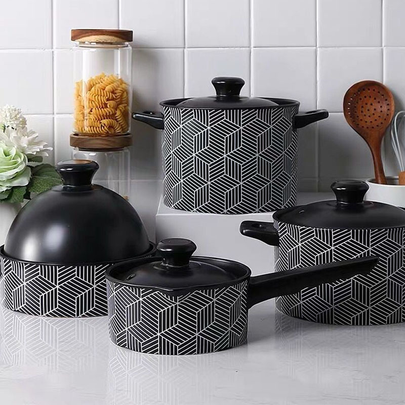Black &amp; White Geometric Pattern Ceramic Cooking Pot Set, Lidded Stockpot &amp; Saucepan, Household Non-Stick Enamel Pot