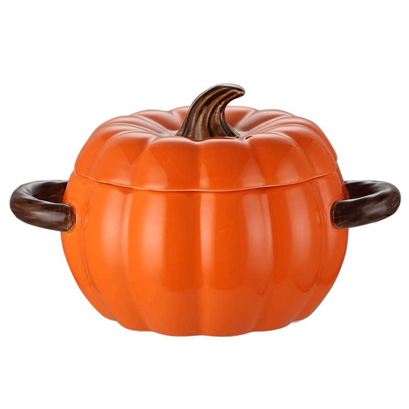 Modern Style Large Capacity Ceramic Soup &amp; Stock Pot with Lid Waterproof Tableware Pastoral Style Pumpkin Bowl Set for Home Use