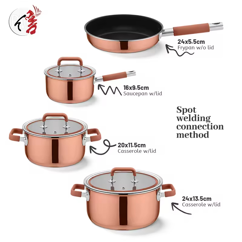Luxury Design Copper Triply 304 Stainless Steel Cooking Pot Cookware Set with Silicone Handle