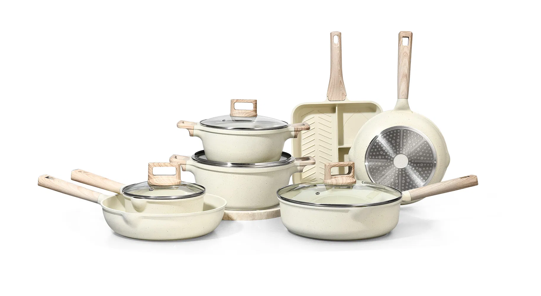 Beige Ceramic Cooking Pot Casserole Cookware Set Fry Pan Kitchen Aluminium