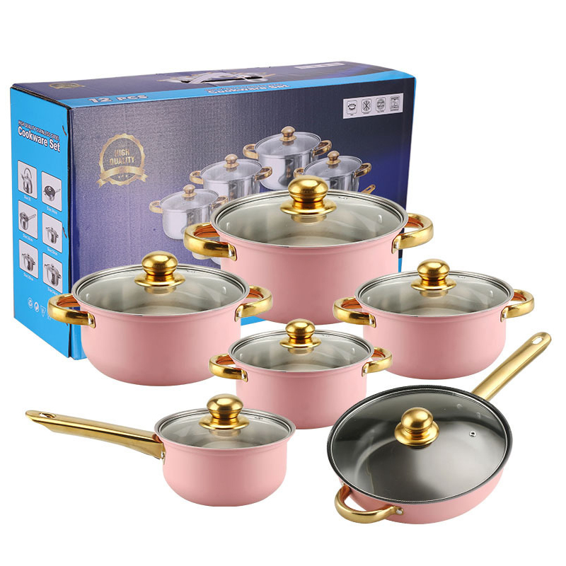 Custom Color Stainless Steel Soup Pot Small Saucepan Milk Pan Cooking Pot Skillet 12PCS Cook Ware Set with Handle