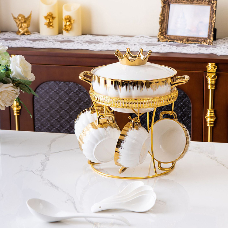 Luxury Gold Edge Green Pink White Black Dinnerware Set Porcelain Luxury Ceramic Tableware Soup Stock Pot and Bowl Set