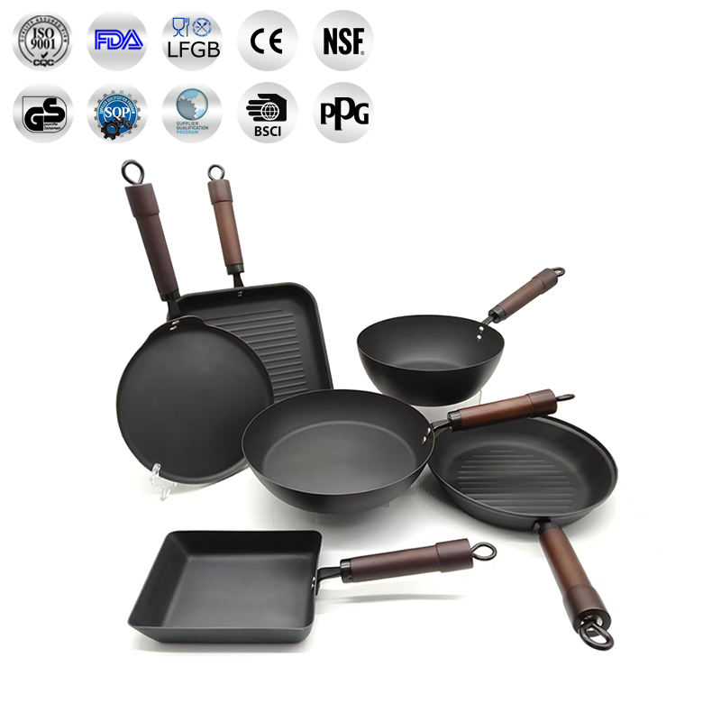 Commercial Grade Preseason Carbon Steel Cookware Set - 6 Professional Carbon Steel Wok Pans for Restaurants &amp; Home Use
