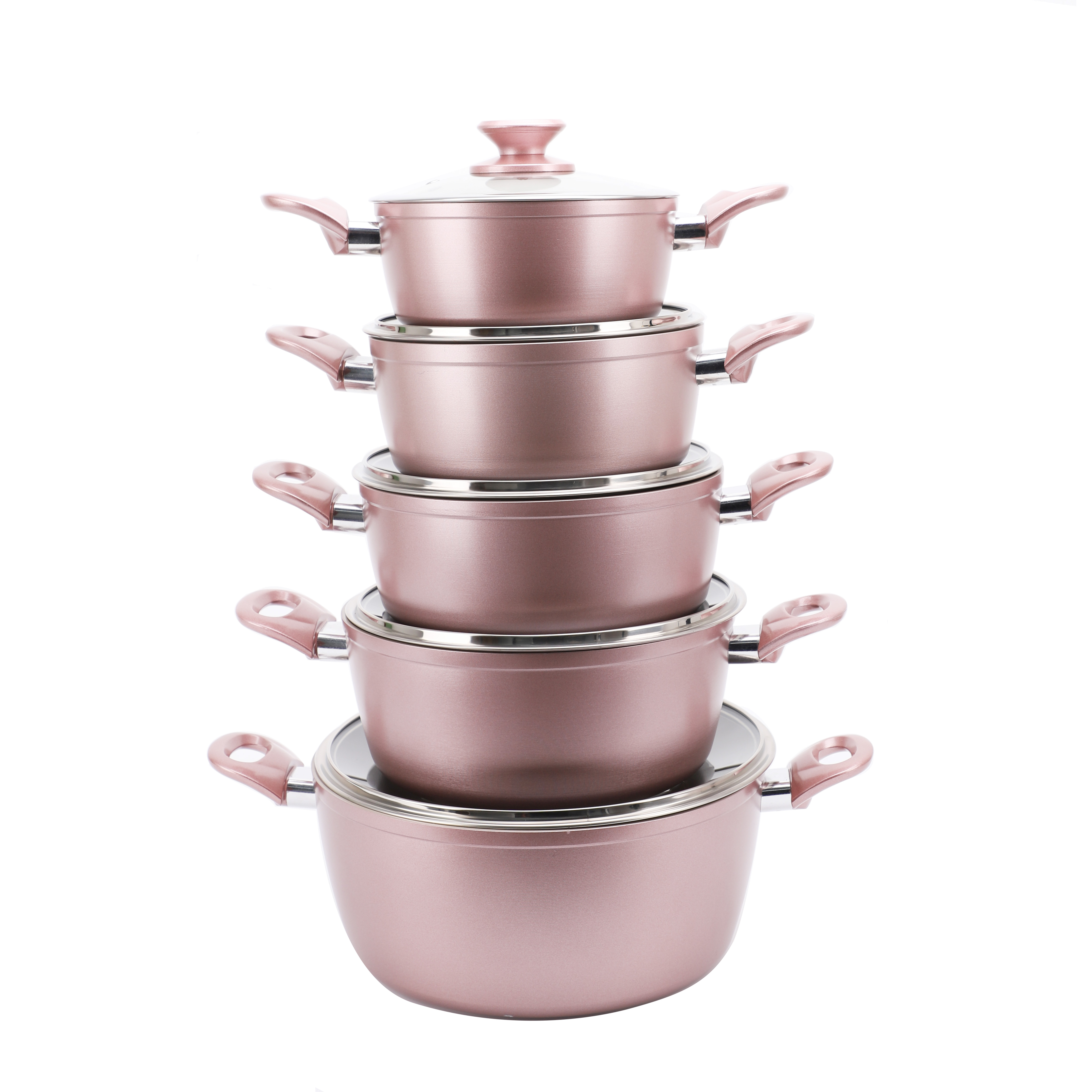 Home Cooking Kitchenware Set 10PCS Pink Nesting Ceramic Nonstick Stock Pots Set for All Cooktop