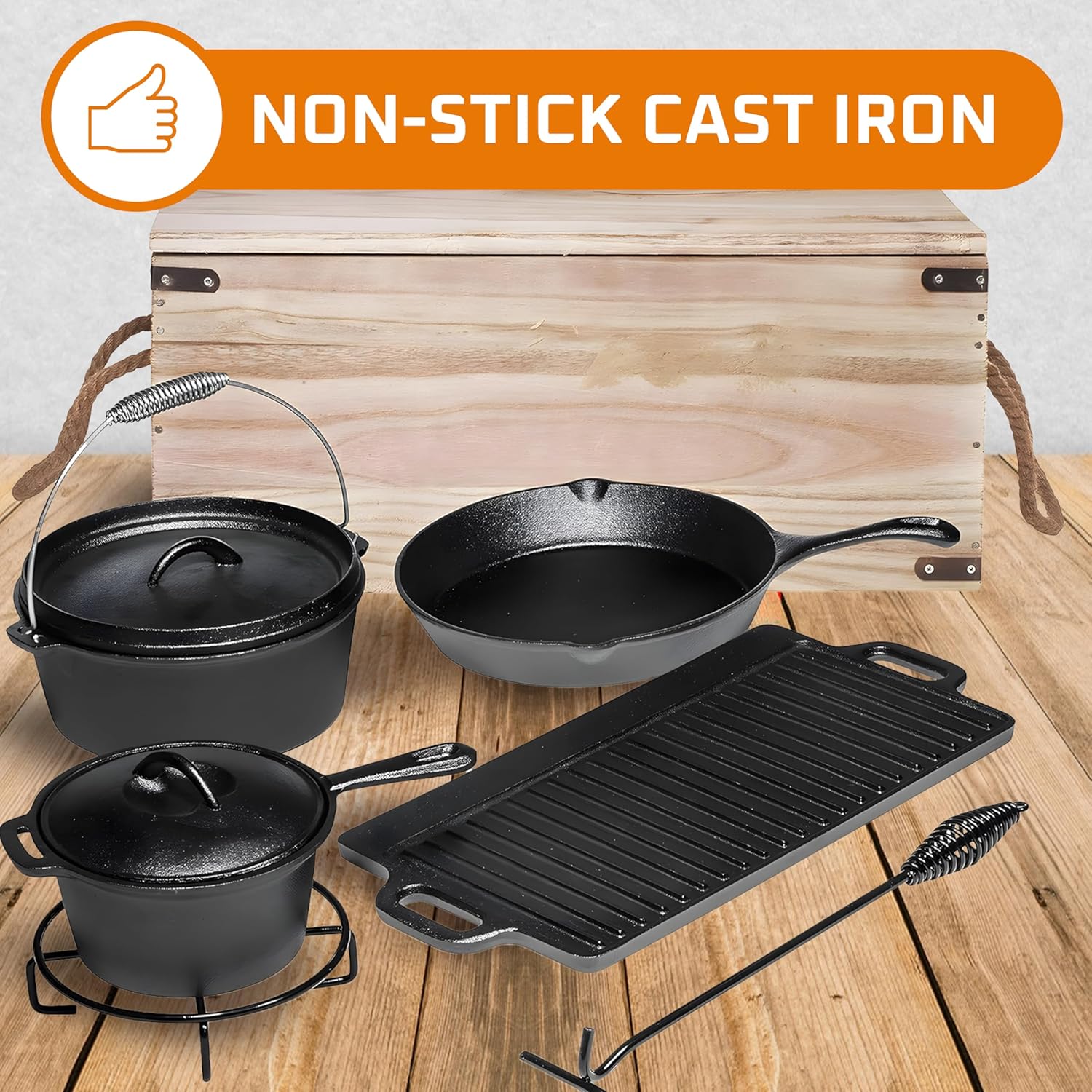 Camping Cookware Set Pre-Seasoned Cast Iron Pots and Pans Dutch Oven Set with Lids for Outdoor Comefire with Storage Box