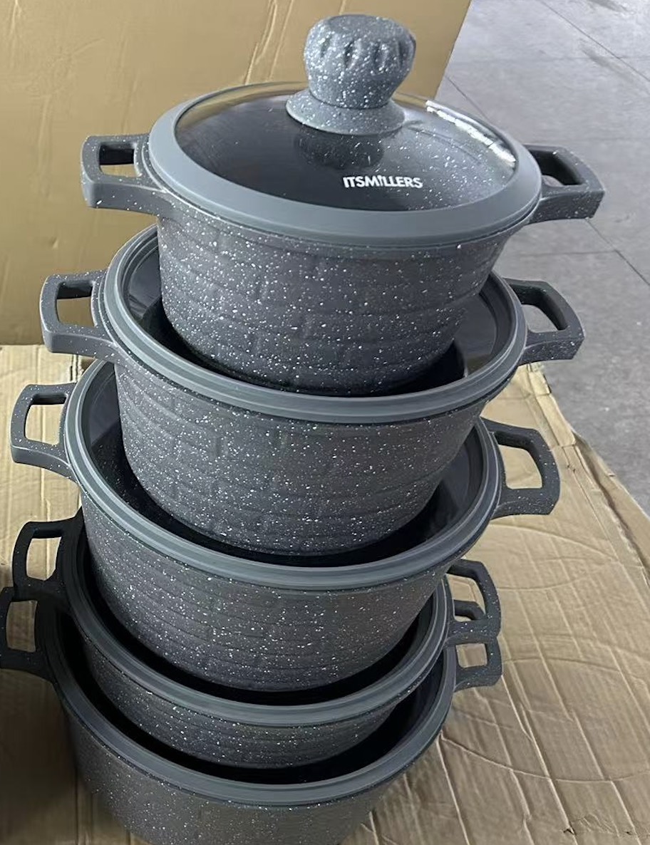 10 Piece Set Full Die Cast Pots and Pans Non Stick Granite Coating Brick Design Casserole Shallow Pot Professional Chef