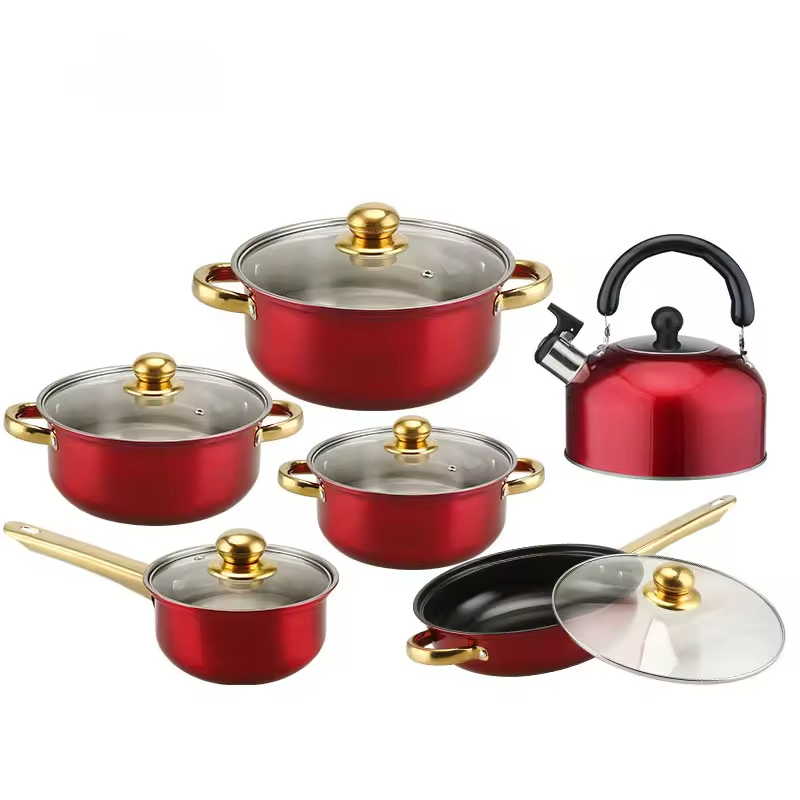 12-Piece Stainless Steel Cookware Set with Kettle, Non-Stick Cooking Pot Set with Soup Pot, Fry Pan, Saucepan, Induction Ready
