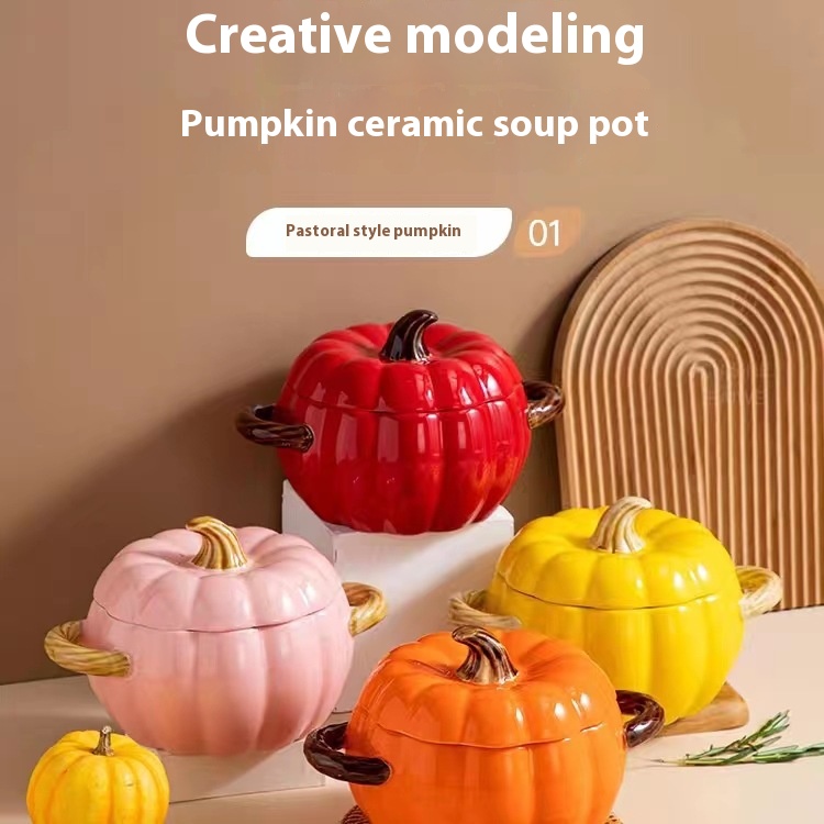 Modern Style Large Capacity Ceramic Soup &amp; Stock Pot with Lid Waterproof Tableware Pastoral Style Pumpkin Bowl Set for Home Use