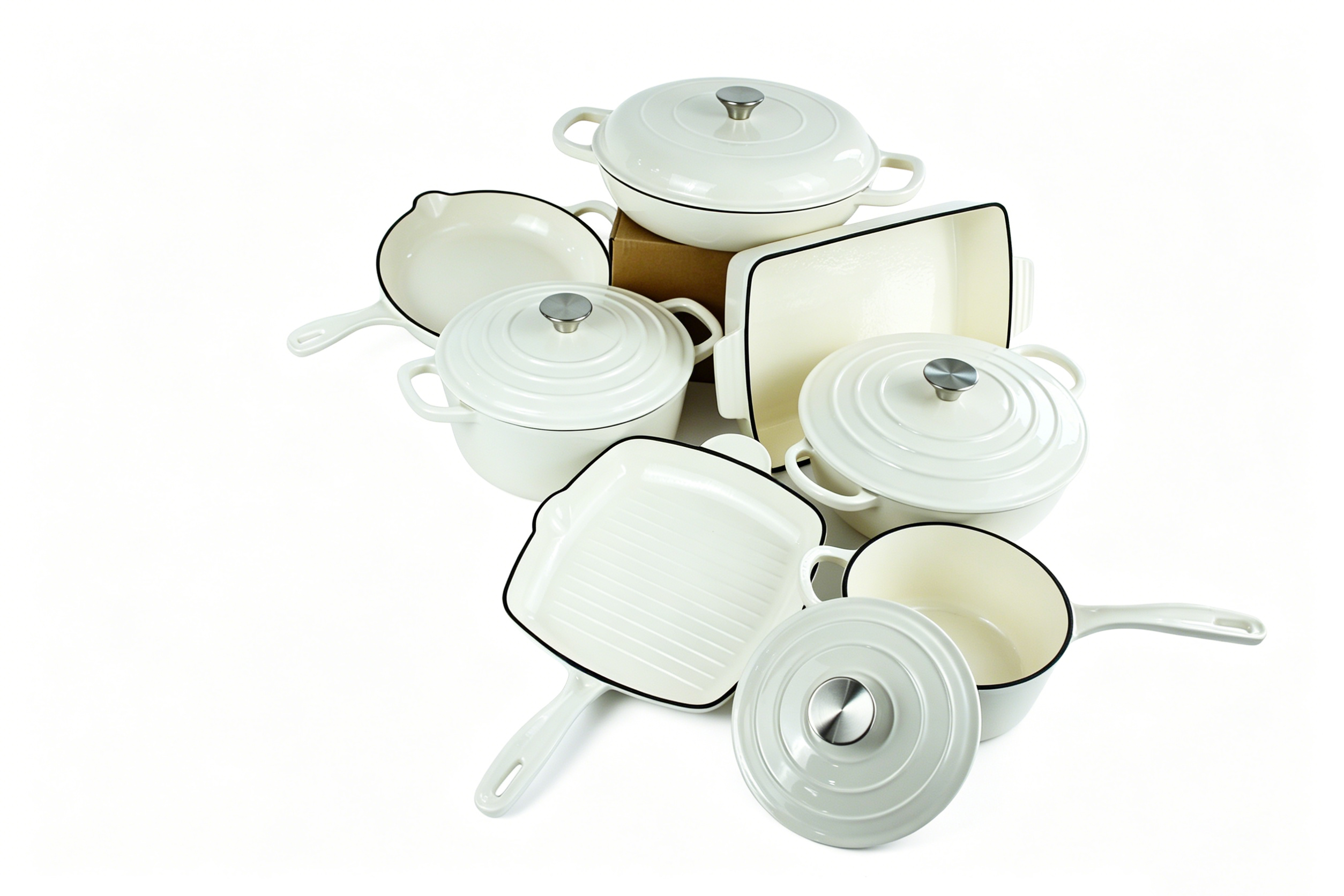 In Stock 7 Pieces White Enamel Cast Iron Cookware Set, Non Stick Pot Pan Combo, Heat Resistant &amp; Oven Safe For Home Kitchen