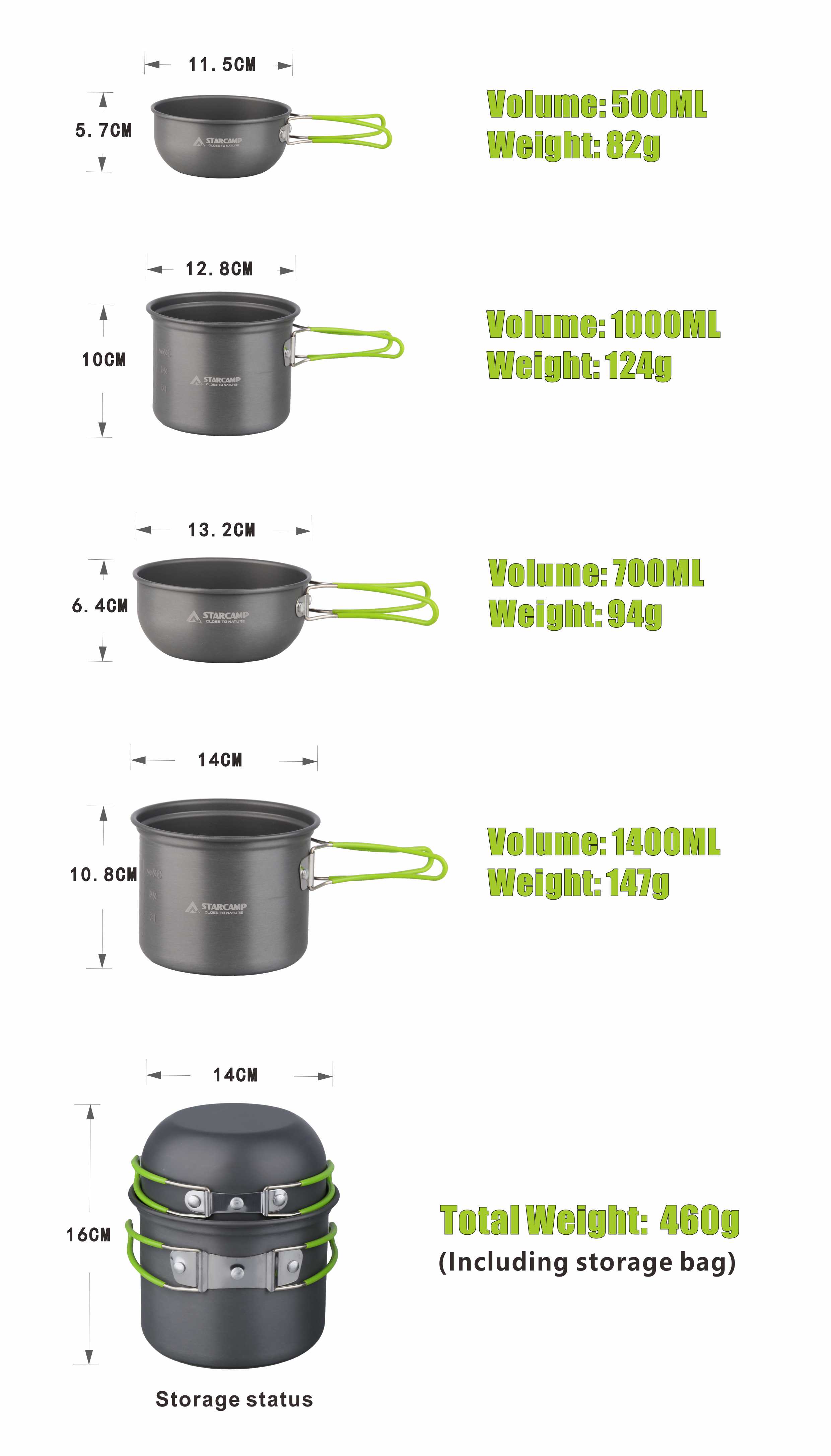 STARCAMP 2-3 Person 5 in 1 Aluminium Outdoor Picnic Camping Cookware Mess Kit Camping Cooking Set Pot Pan Kit