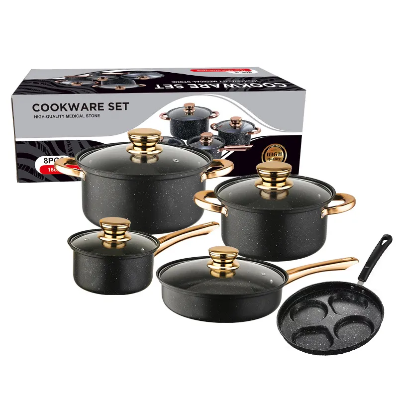 9PCS Ceramic Stone Cookware Set Wholesale Non-Stick Frying Pans with Golden Handles