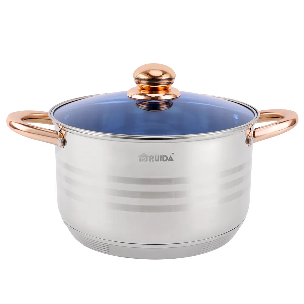 Best Selling 12PCS Blue Glass Lid Copper Handle Stainless Steel Cookware Set