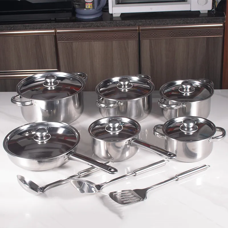 15-Piece Stainless Steel Cookware Set Stay-Cool Handle Kitchen Cooking Pan Pots and Pans Nontoxic Metalpot Set