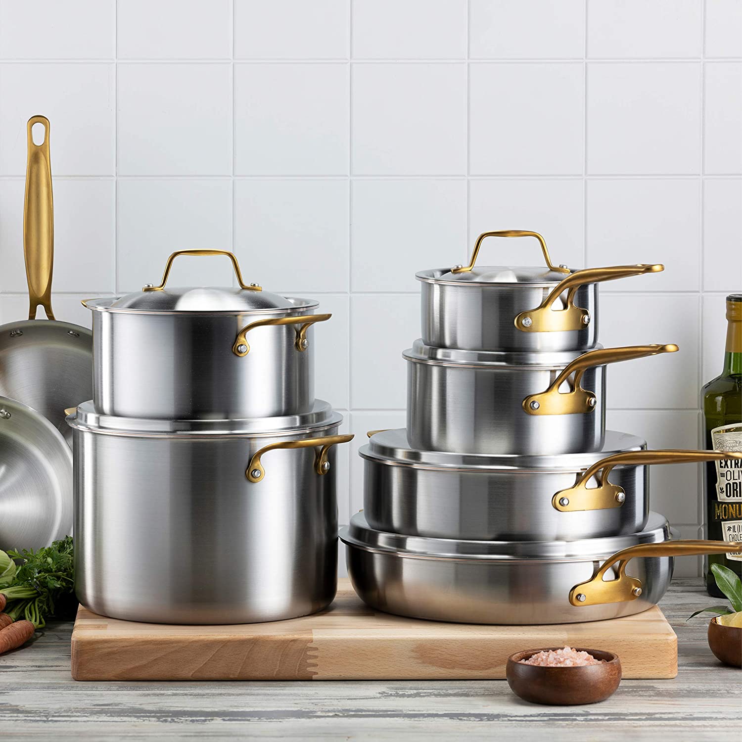 Rofee 14-Piece 5-Ply Stainless Steel Eco-Friendly Cookware Set with Fry Pan and Glass Lid for Professional Home Chefs