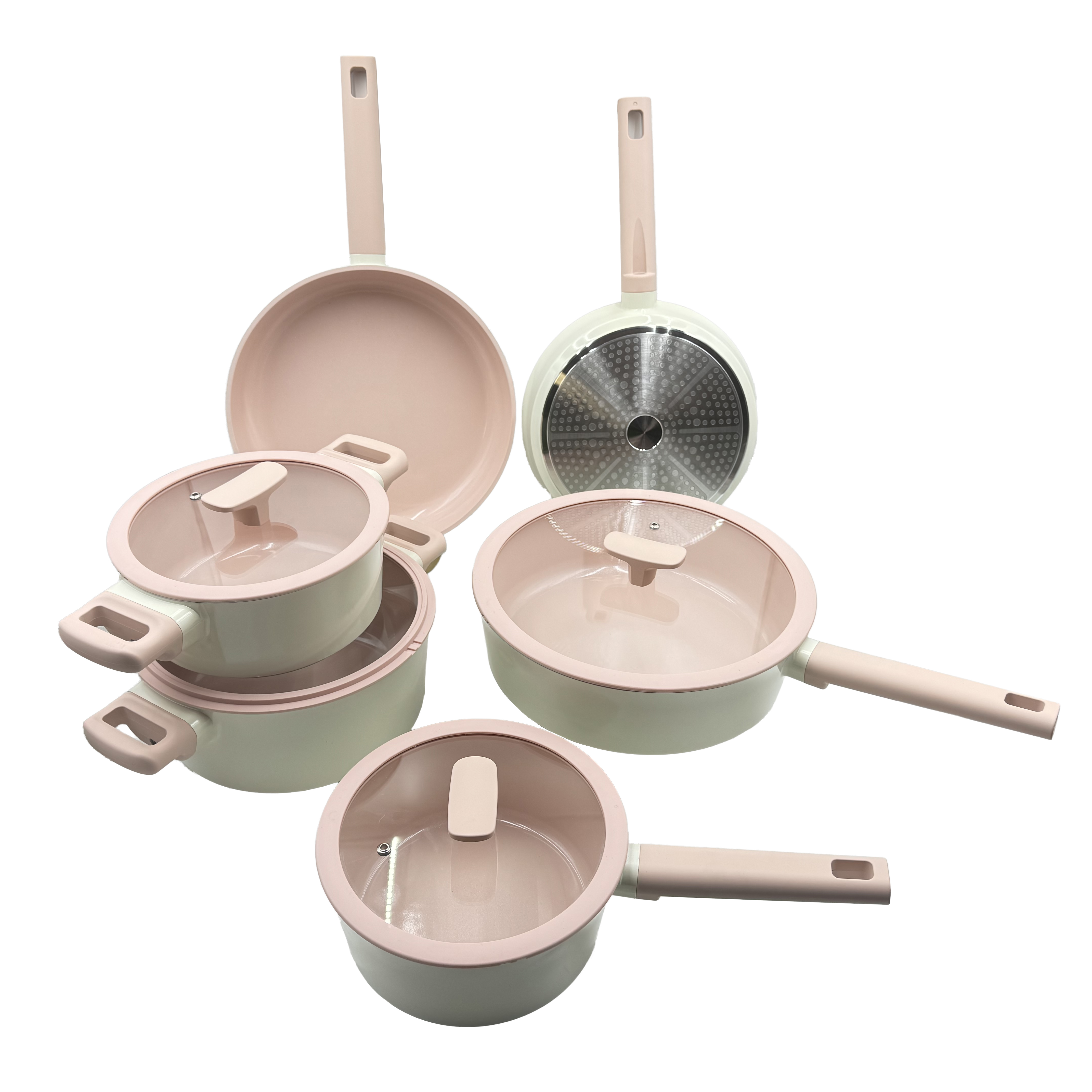 Pinkish White Marble Modern Design Aluminium Durable Eco-Friendly Healthy Non-Stick Multi-functional Cookware Set 10-Piece