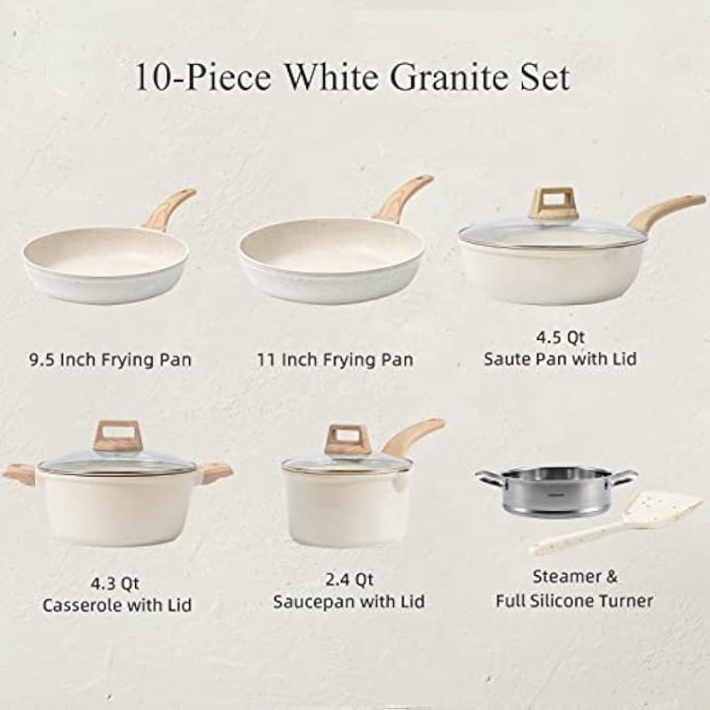 Modern White Granite Nonstick Induction Cookware Set 17 Piece Aluminum with Glass Cover Wood Handle Ceramic Coating Oven Safe