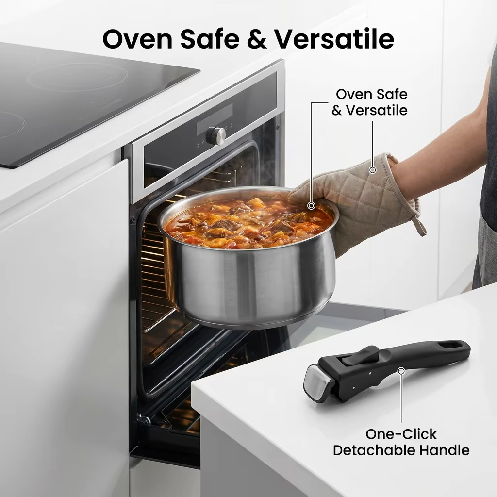 Custom Logo 18/10 Stainless Steel Cookware Set Detachable Handle Nesting Stackable Space Saving Pots Pans Induction Wholesale