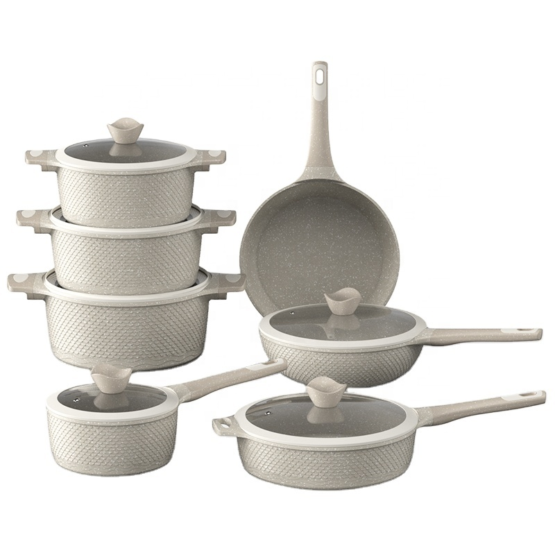 7PCS Non Stick Cookware Set Granite Coating Interior Matte Finish Exterior Pots and Pans Aluminum Die Cast Cookware Set with Induction Bottom