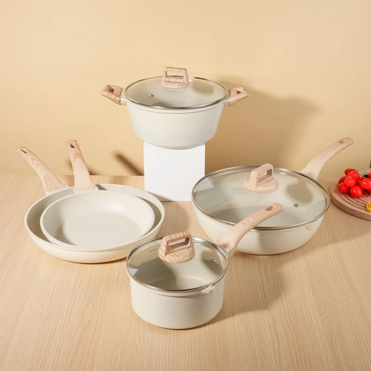 Aluminum Alloy Non Stick Ceramic Cookware Set with Wooden Style Handles Frying Pan Saucepan Pot with Glass Lids