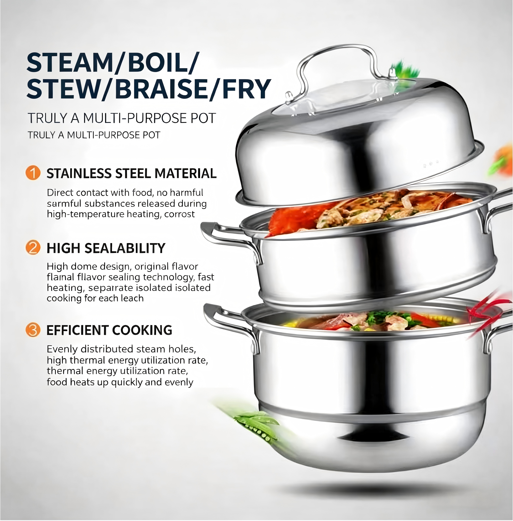 28-36cm Cookware Set Multi-tier Stainless Steel Steamer Pot Stackable Vegetable &amp; Seafood Steamer with Handles for All Stoves