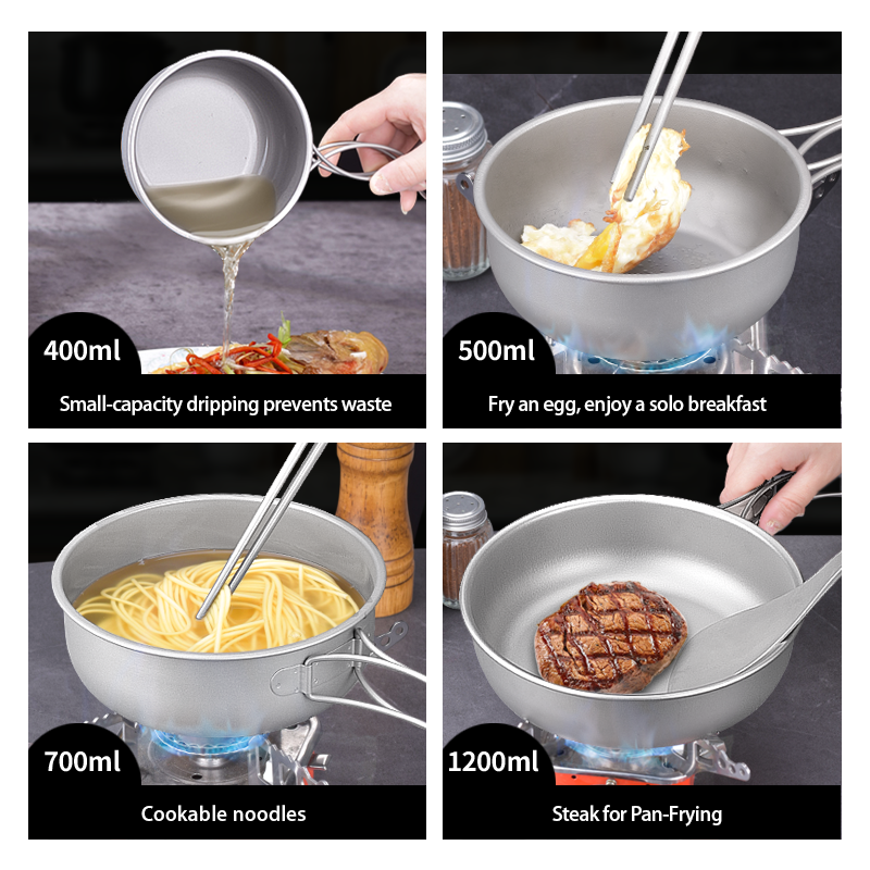 CIEUIS Titanium Cookware Bowl Stackable Folding Handle Camping Frying Pan Set Universal Stove Compatible