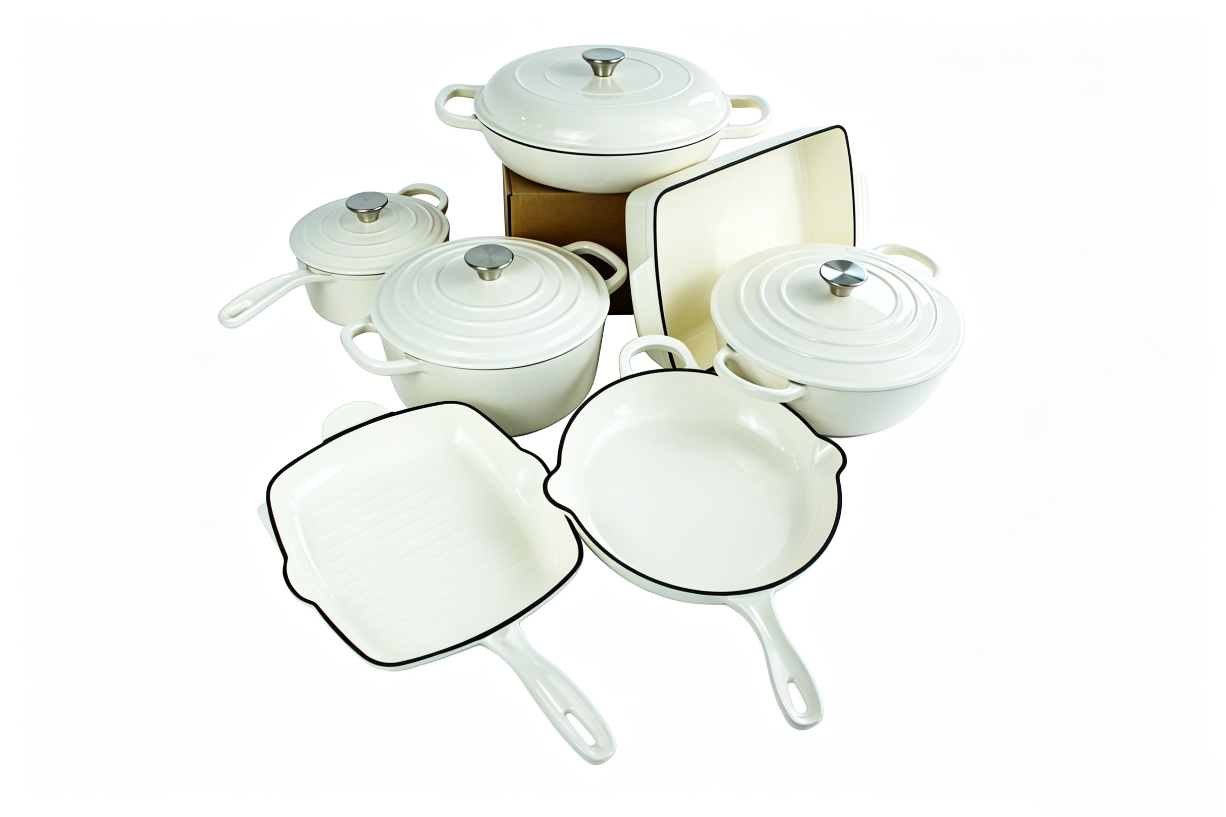 In Stock 7 Pieces White Enamel Cast Iron Cookware Set, Non Stick Pot Pan Combo, Heat Resistant &amp; Oven Safe For Home Kitchen