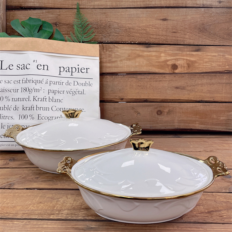 Good Quality Gold Rim Double Ears Stock Ceramic Soup Pot Dinner Set