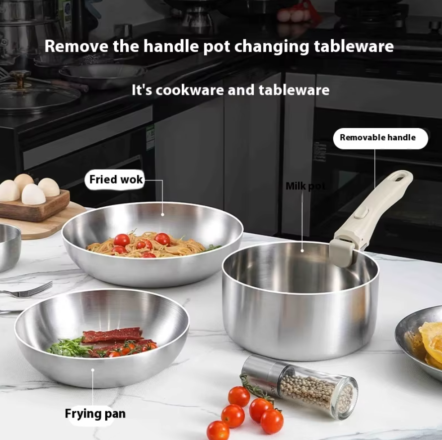 304 Stainless Steel Classic Electromagnetic Gas Full Set Cookware Non-Stick Household Kitchenware Detachable Handle Frying Pan