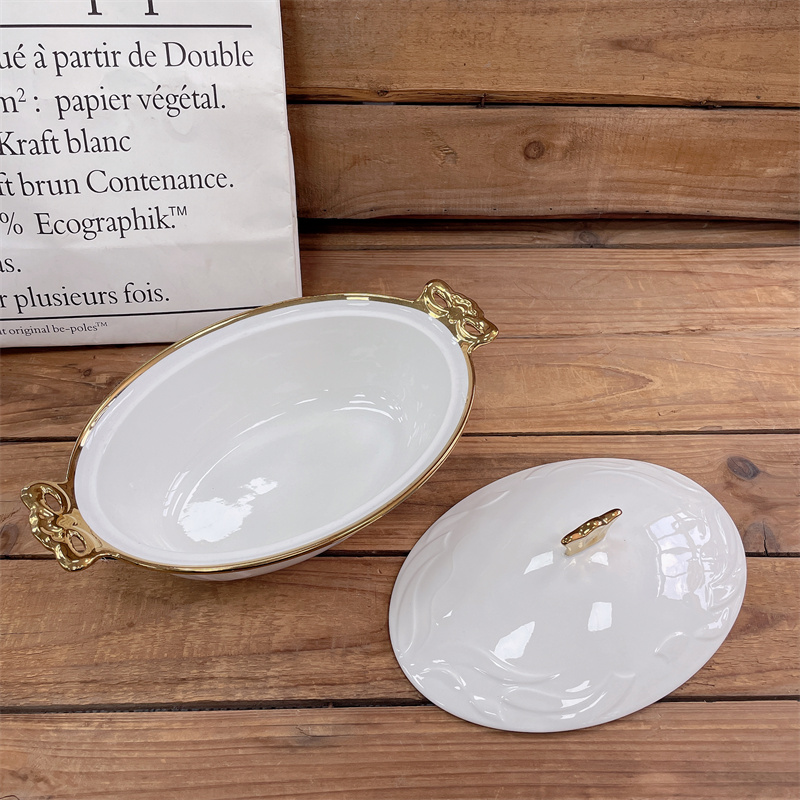 Good Quality Gold Rim Double Ears Stock Ceramic Soup Pot Dinner Set