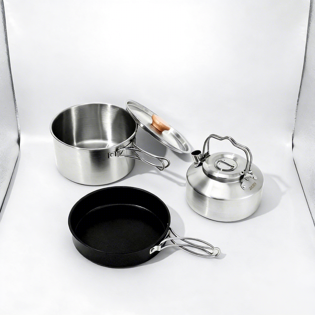 Outdoor Home Use 304 Stainless Steel Three-Piece Cooking Pot Set with Lid Portable Camping Cookware Non-Stick Frying Pan Kettle
